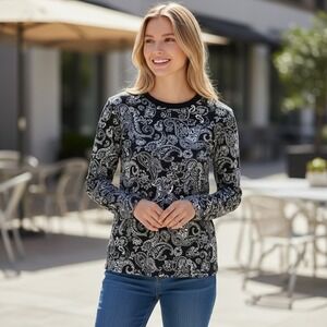 Rafaella Womens Black White Paisley‎ Print Long Sleeve Crew Neck Casual Top XS